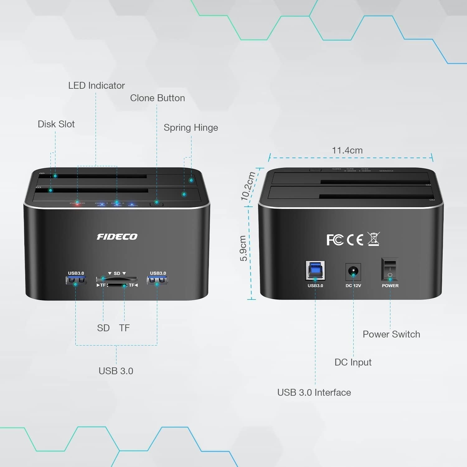 FIDECO USB 3.0 to SATA Hard Drive Docking Station Dual-Bay External HDD Dock