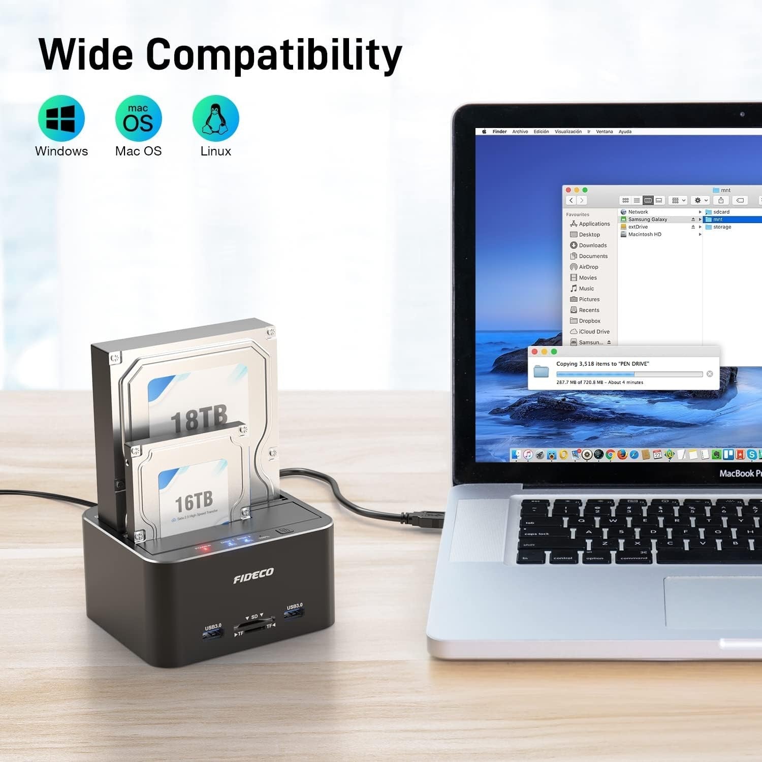 FIDECO USB 3.0 to SATA Hard Drive Docking Station Dual-Bay External HDD Dock