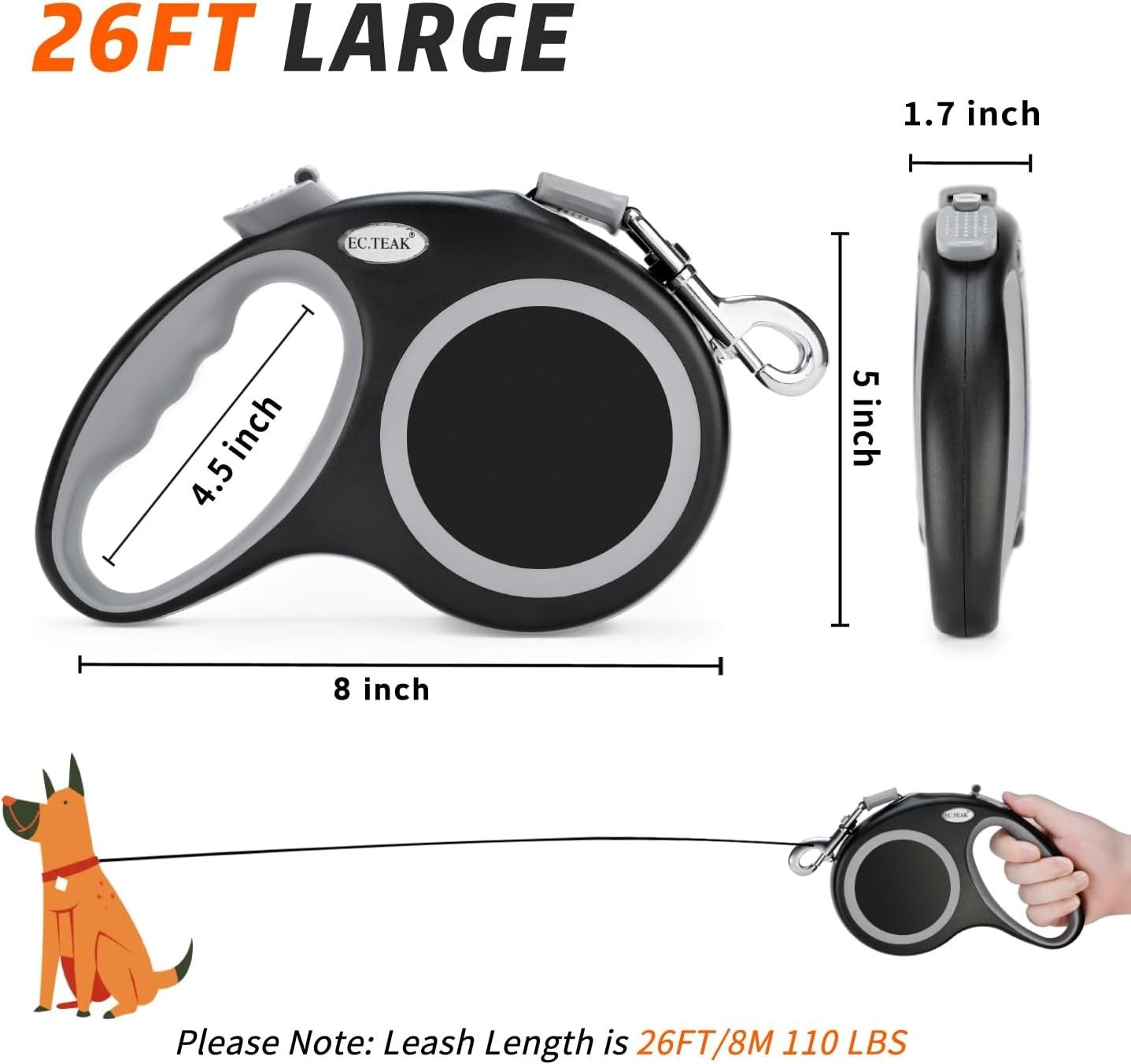 EC.TEAK Retractable Dog Leash, 26 Foot Dog Walking Leash for Medium Large Dogs