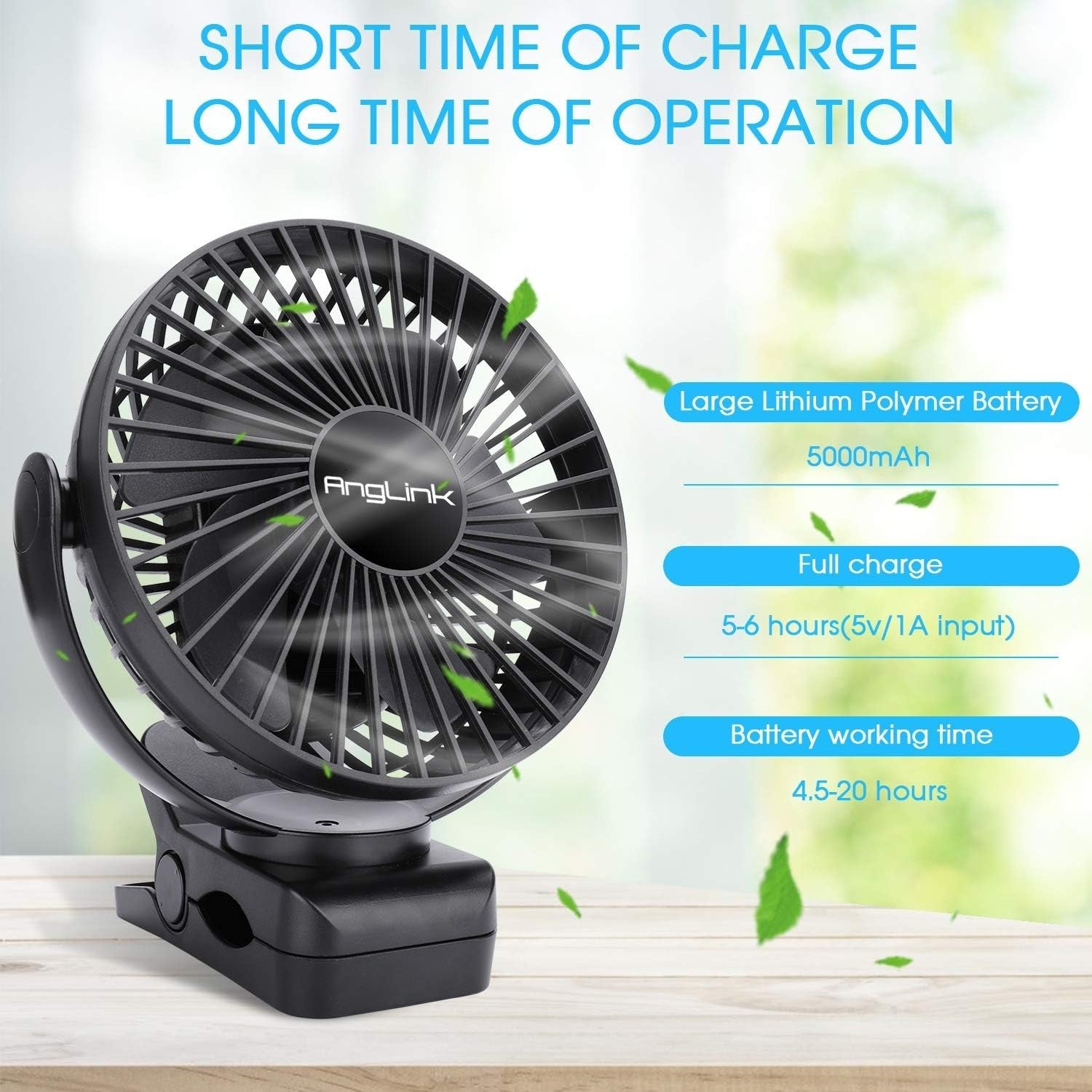5000mAh Large Battery Powered Clip on Fan, 3 Speeds Fast Air Circulating USB
