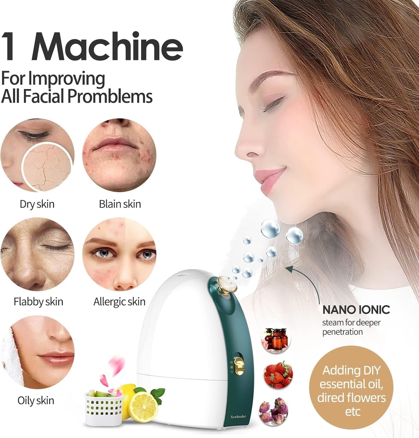 Newbealer Facial Steamer, 3in1 Aromatherapy Face Humidifier, 20 Min Hot & 60 Min