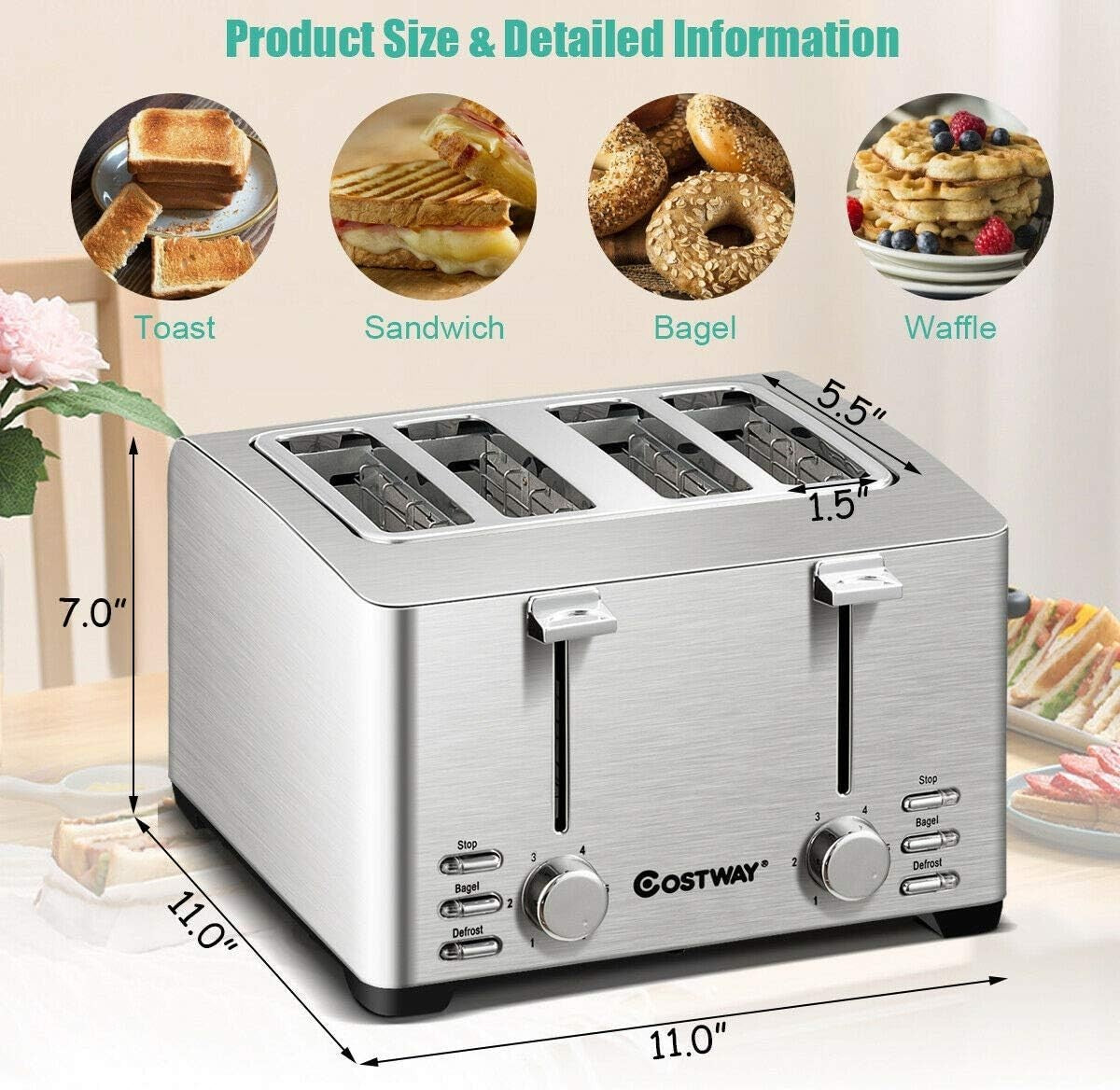 ARLIME 4 Slice, Extra-Wide Slot Stainless Steel Toaster with 2 Independent