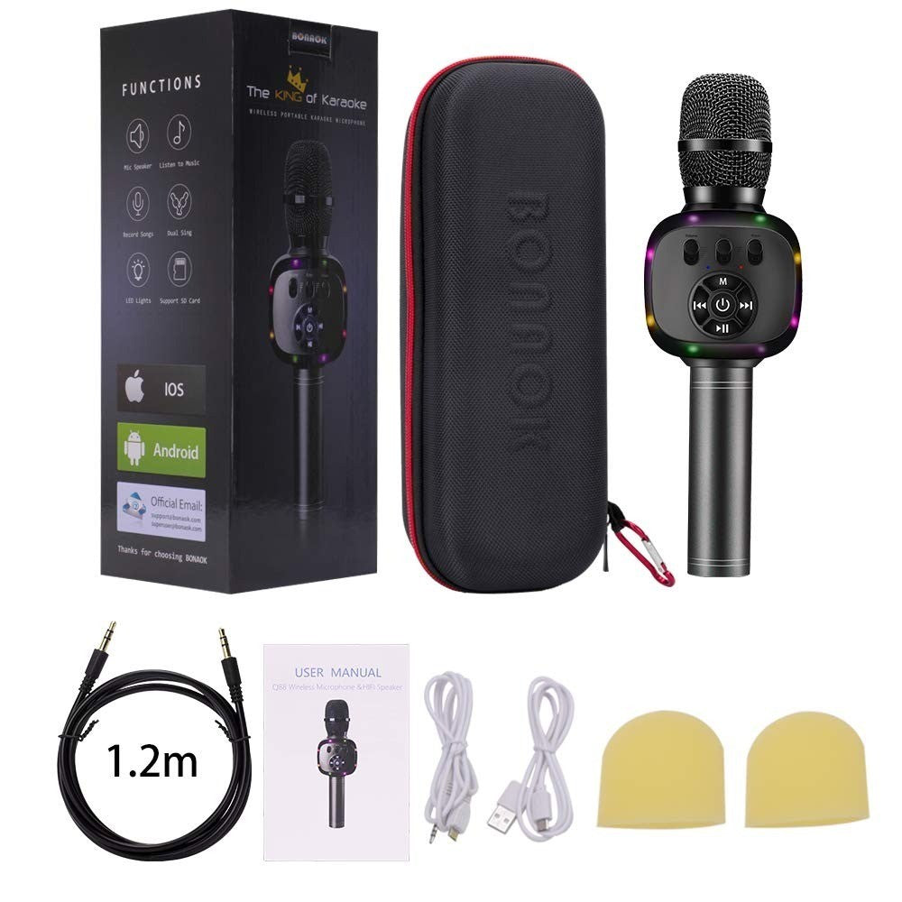 BONAOK Wireless Bluetooth Karaoke Microphone with Dual Sing, LED Lights, Portabl