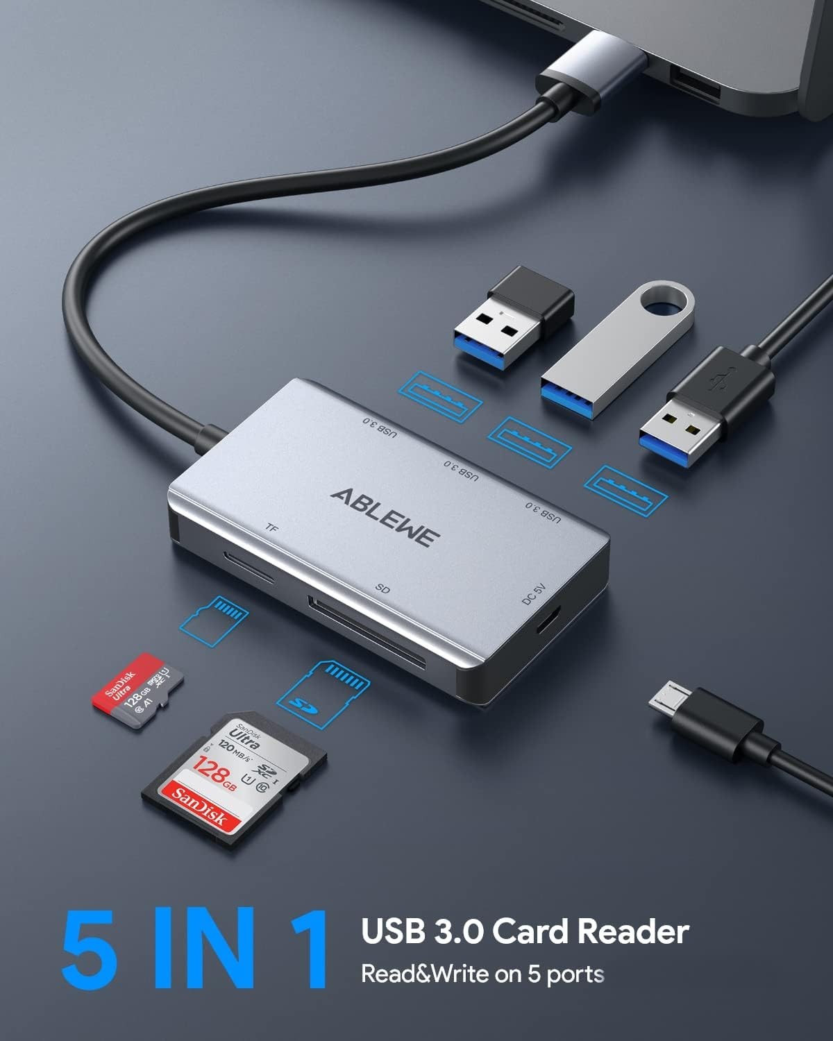 SD Card Reader,ABLEWE Aluminum USB 3.0 Memory Card Reader with SD/TF Card Reader