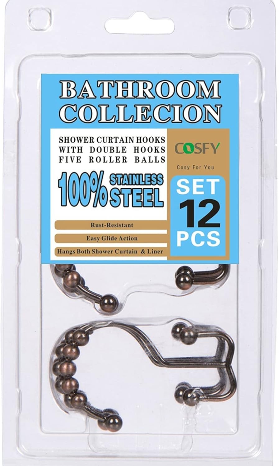 Cosfy Double Roller Shower Curtain Hooks Rings, Decorative Rustproof Metal Doubl
