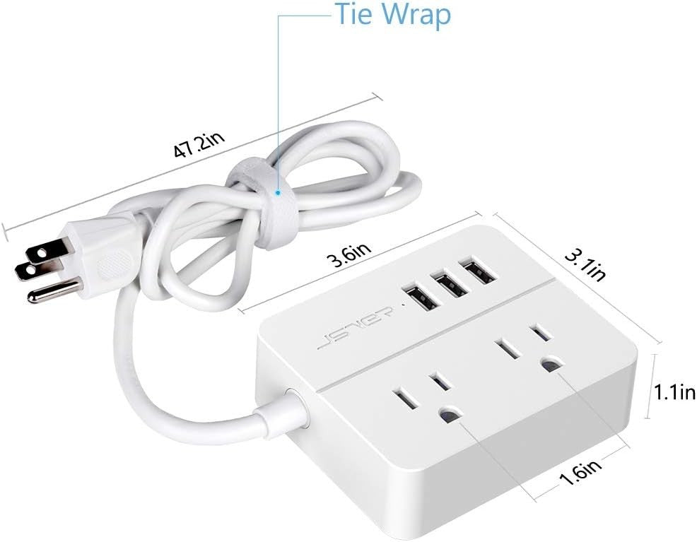 Mini USB Power Strip JSVER Travel Power Strip with 3 USB, 2 AC outlets Surge