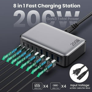 200W USB C Charger Block, GaN III 8-Port USB C Fast Charging Station PPS PD 65W
