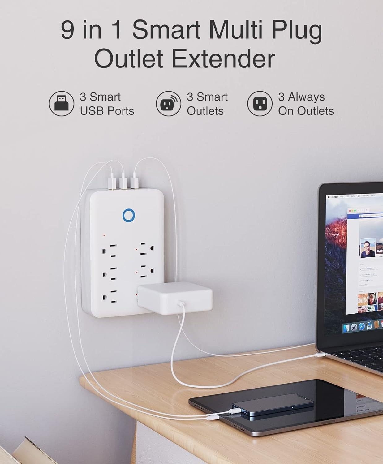 Smart Plug Outlet Extender, USB Surge Protector 3 Individually Controlled Outlet