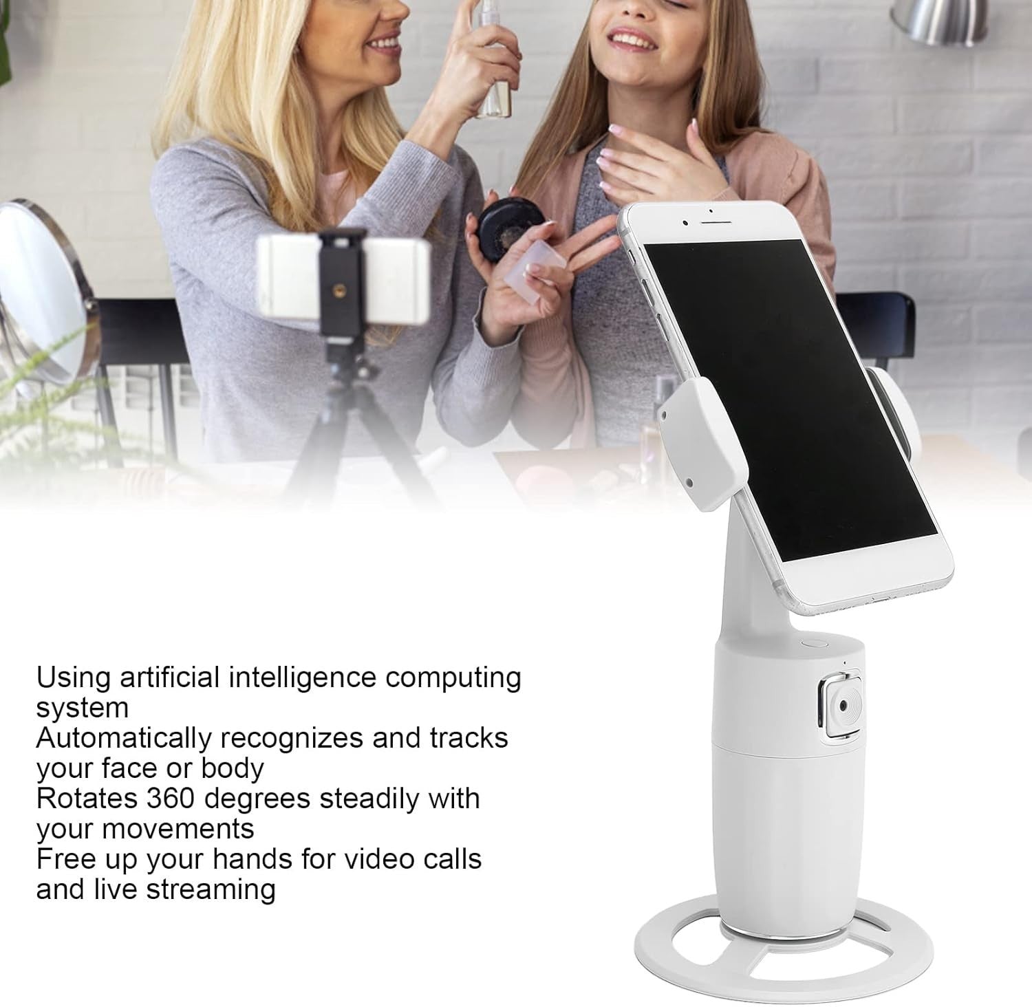 Auto Face Tracking Cell Phone Holder, No App Required, 360° Rotation Face Body