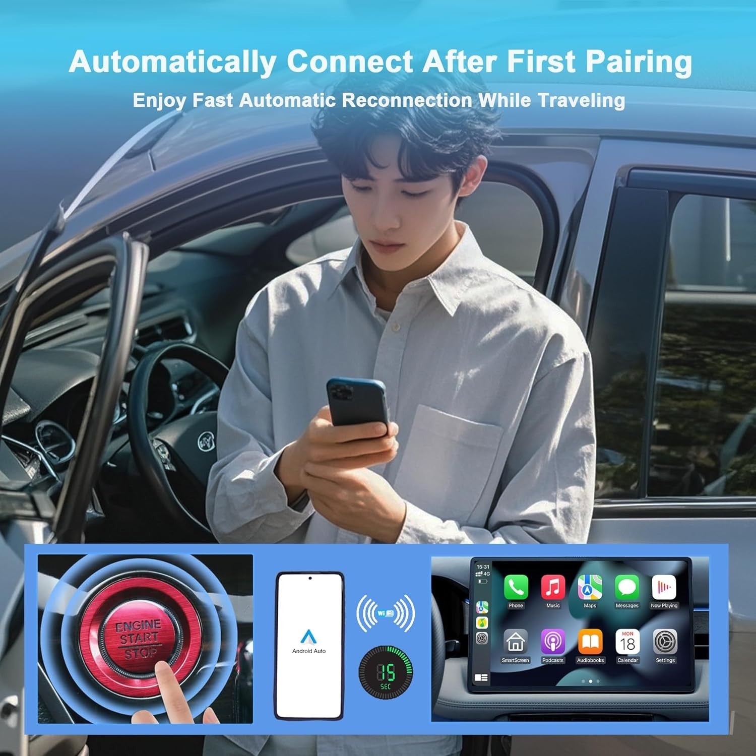 Android Auto Wireless Adapter, 2 in 1 Wireless CarPlay Adapter for iPhone NEW