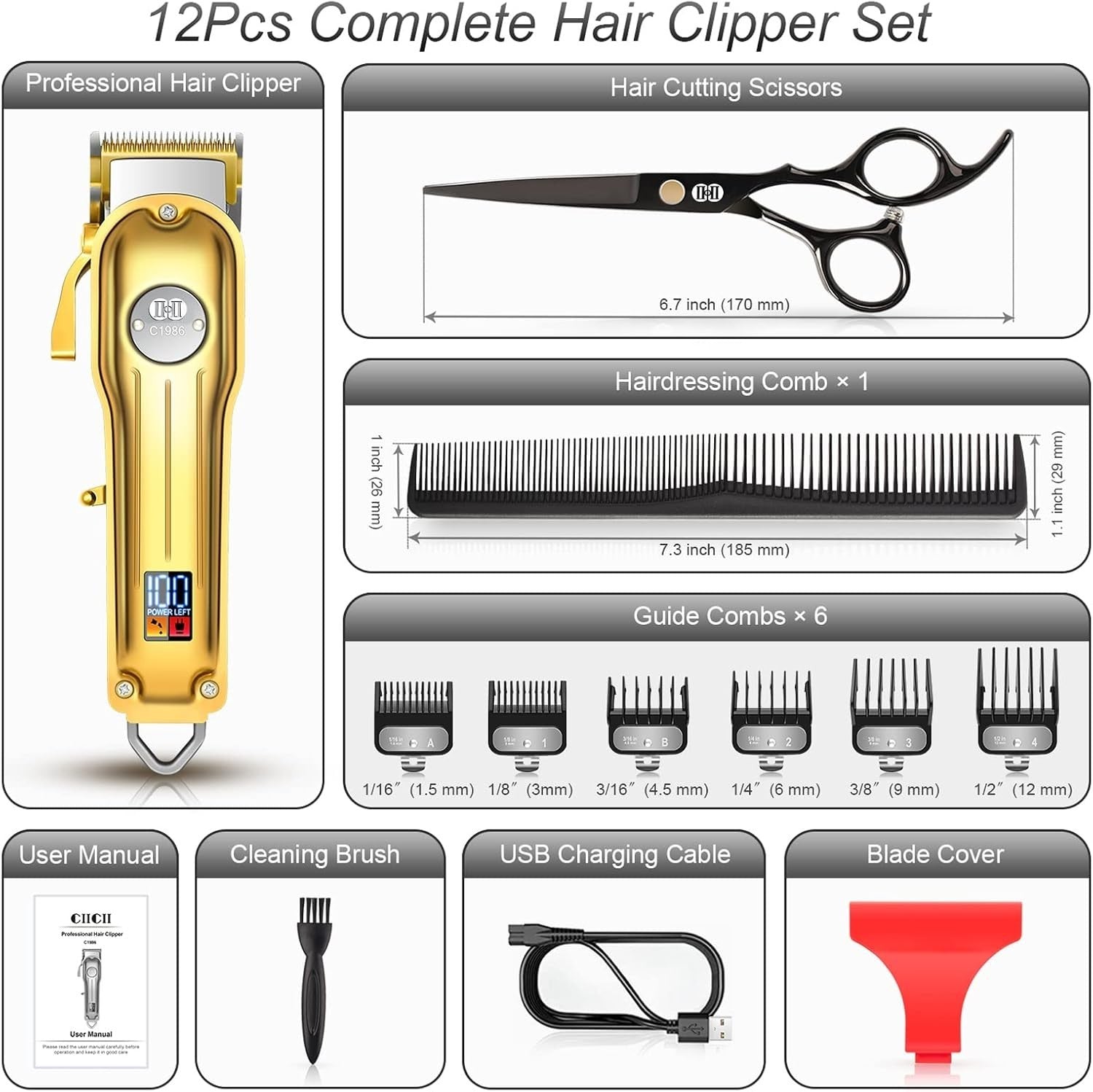 Cordless Hair Clippers CIICII Professional Hair Clippers Trimmer Set for Men