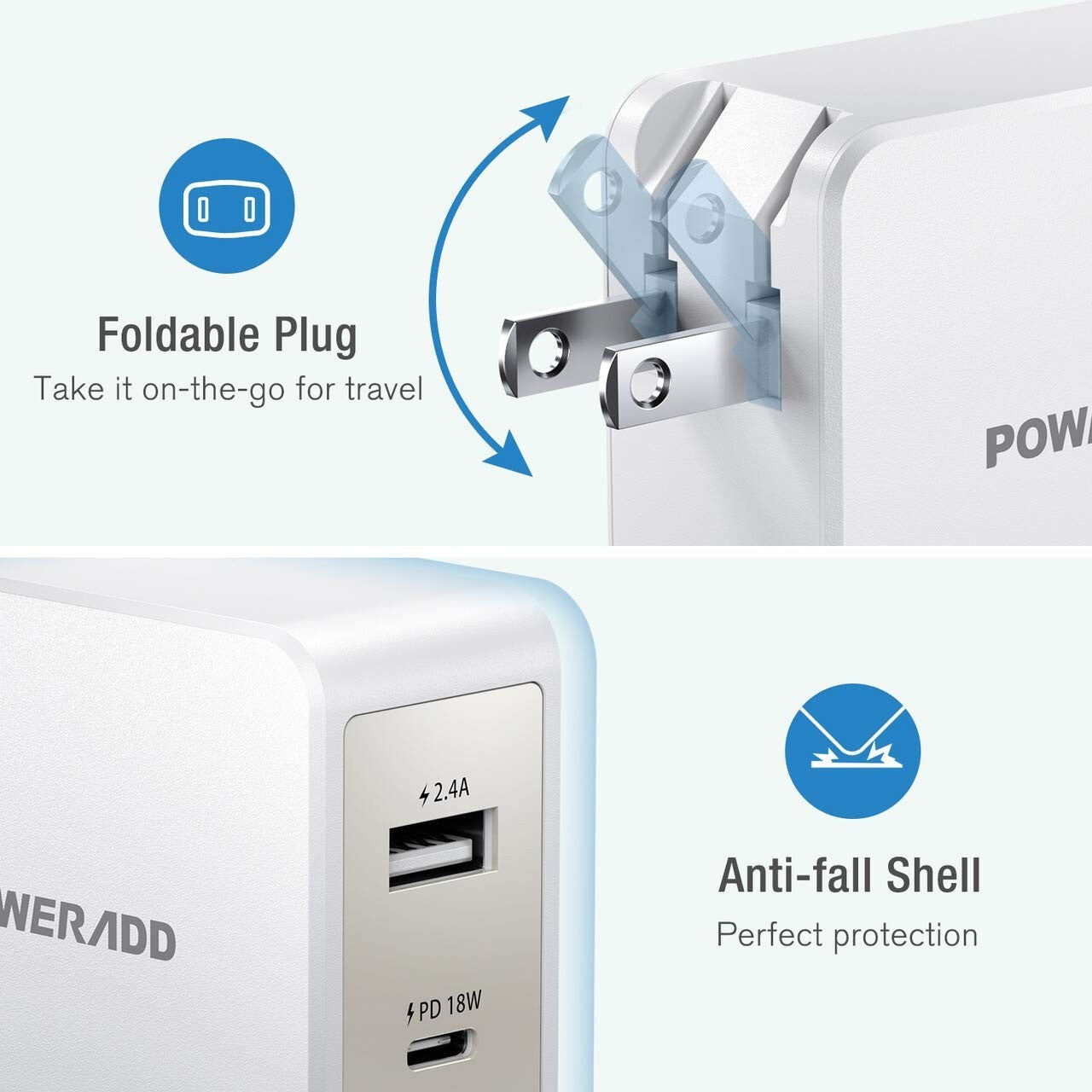 USB C Wall Charger,POWERADD 30W Dual Port Type C Charger with PD18W and Foldable