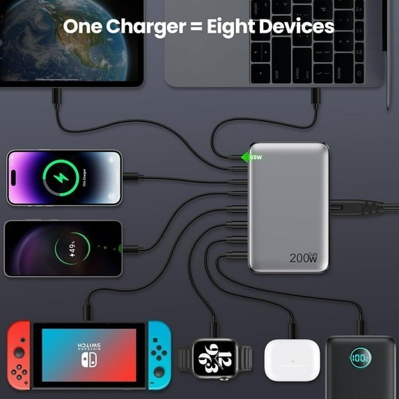 200W USB C Charger Block, GaN III 8-Port USB C Fast Charging Station PPS PD 65W