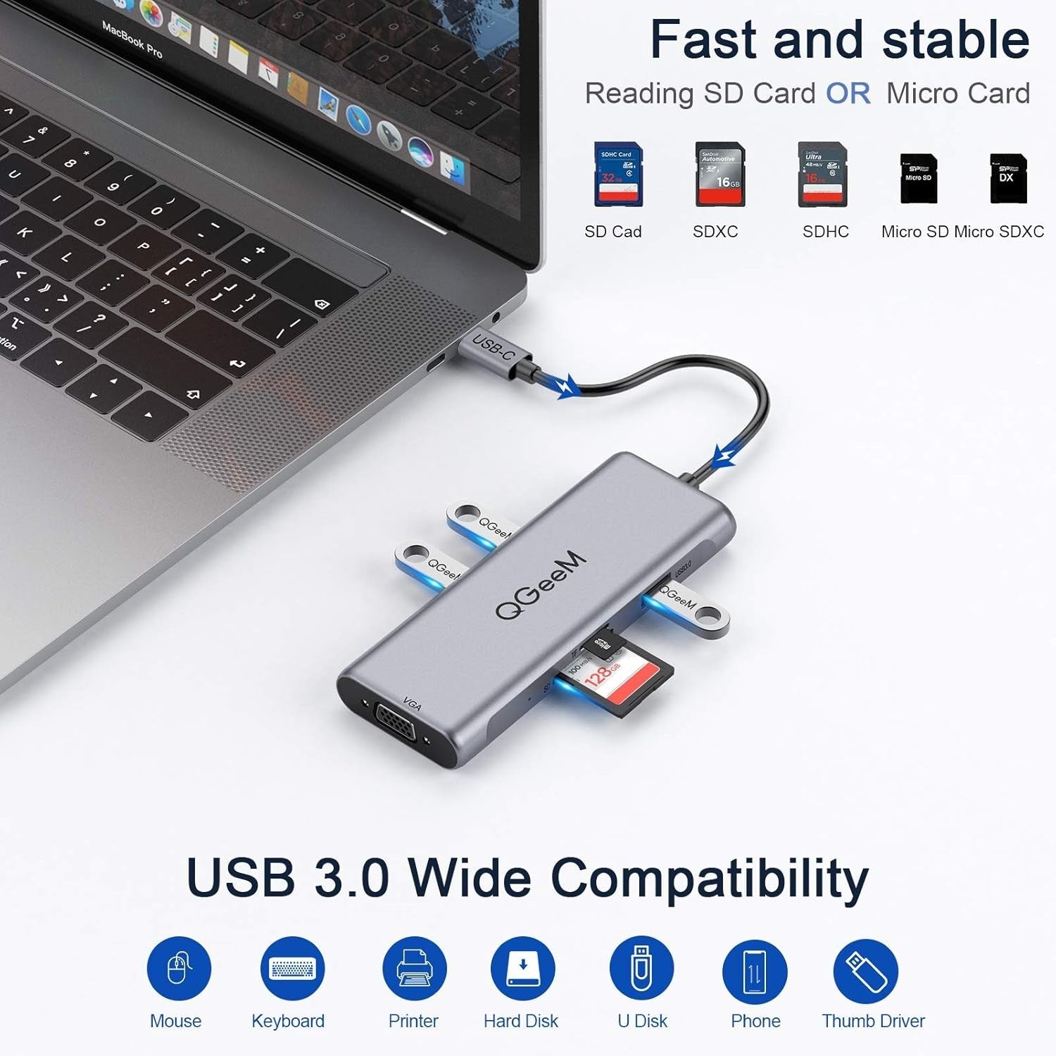 USB C Hub, QGeeM 8 in 1 USB Type-C Hub Adapter Dual Monitor Docking Station