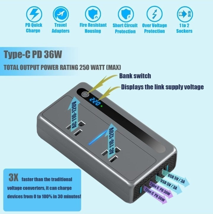250-Watt Step Down 220V to 110V Voltage Converter, International Power Converter