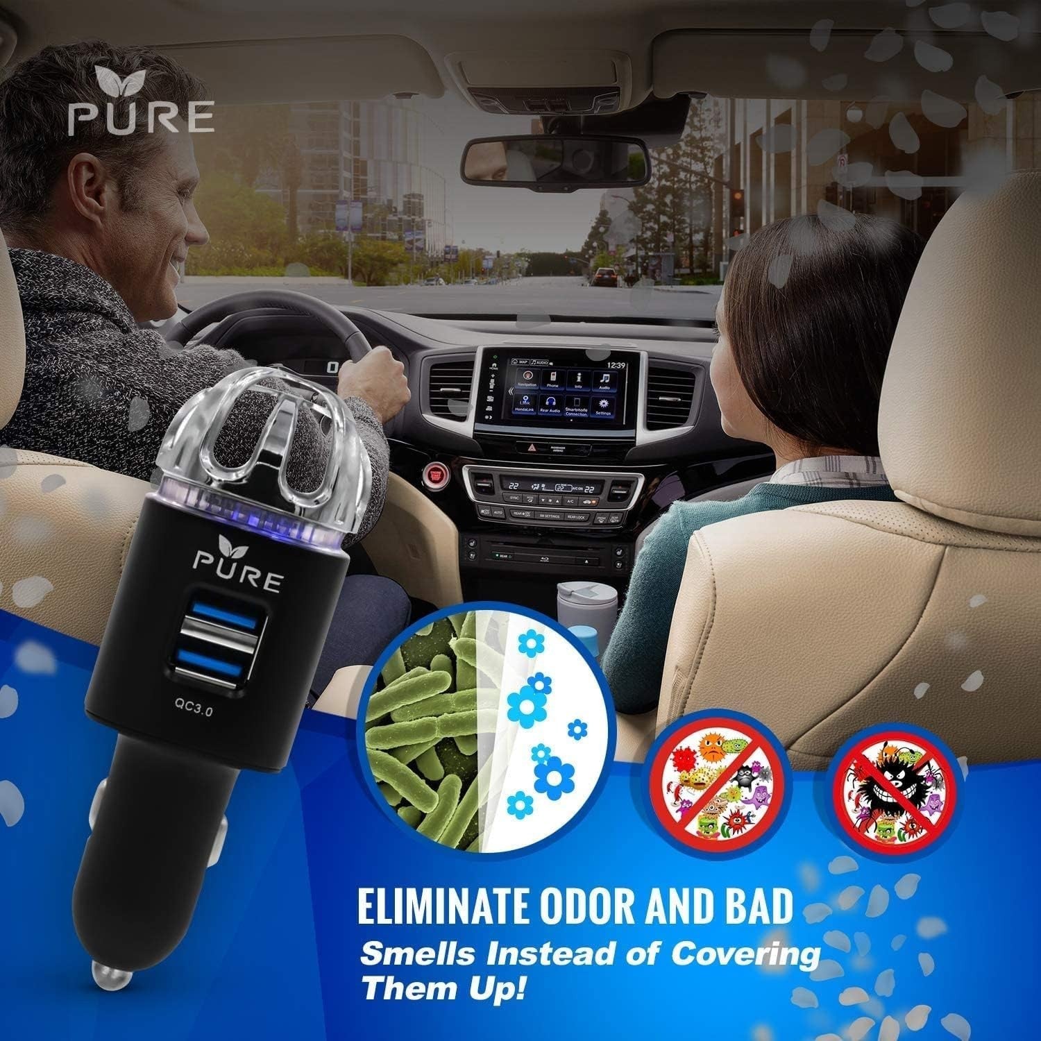 Car Air Purifier Premium Air Ionizer & Car Charger Accessory w Dual USB Ports
