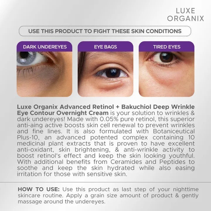 LUXE ORGANIX Retinol + Bakuchiol Deep Wrinkle Eye Contour Overnight Cream 12g
