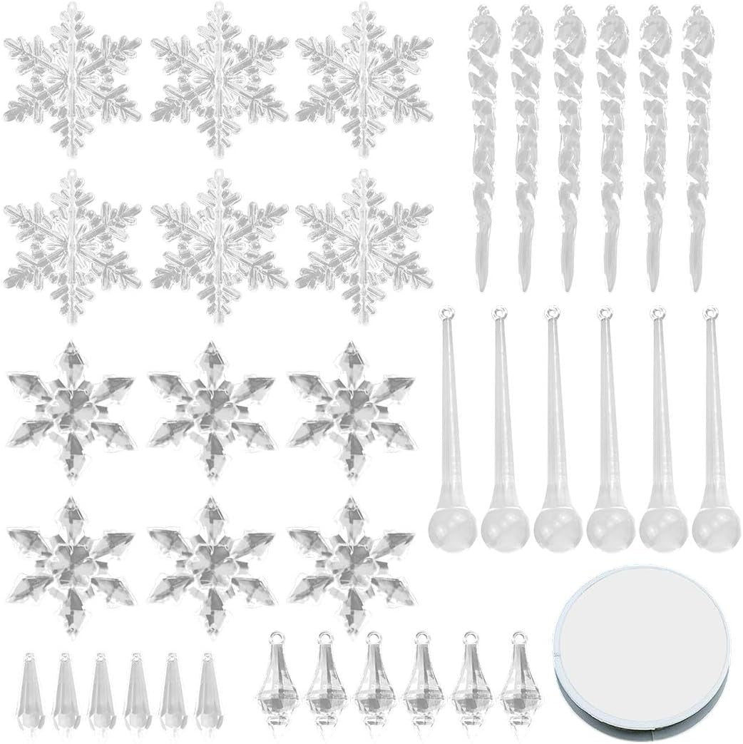 Coxeer 37PCS Christmas Ornament Set Icicle and Snowflake Ornament Hanging