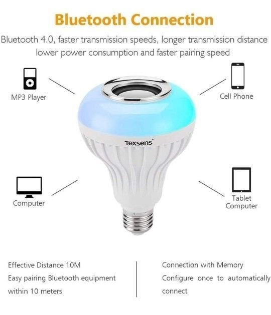 LED Light Bulb Bluetooth Speaker, 6W E26 RGB Changing Lamp Wireless Stereo Audio