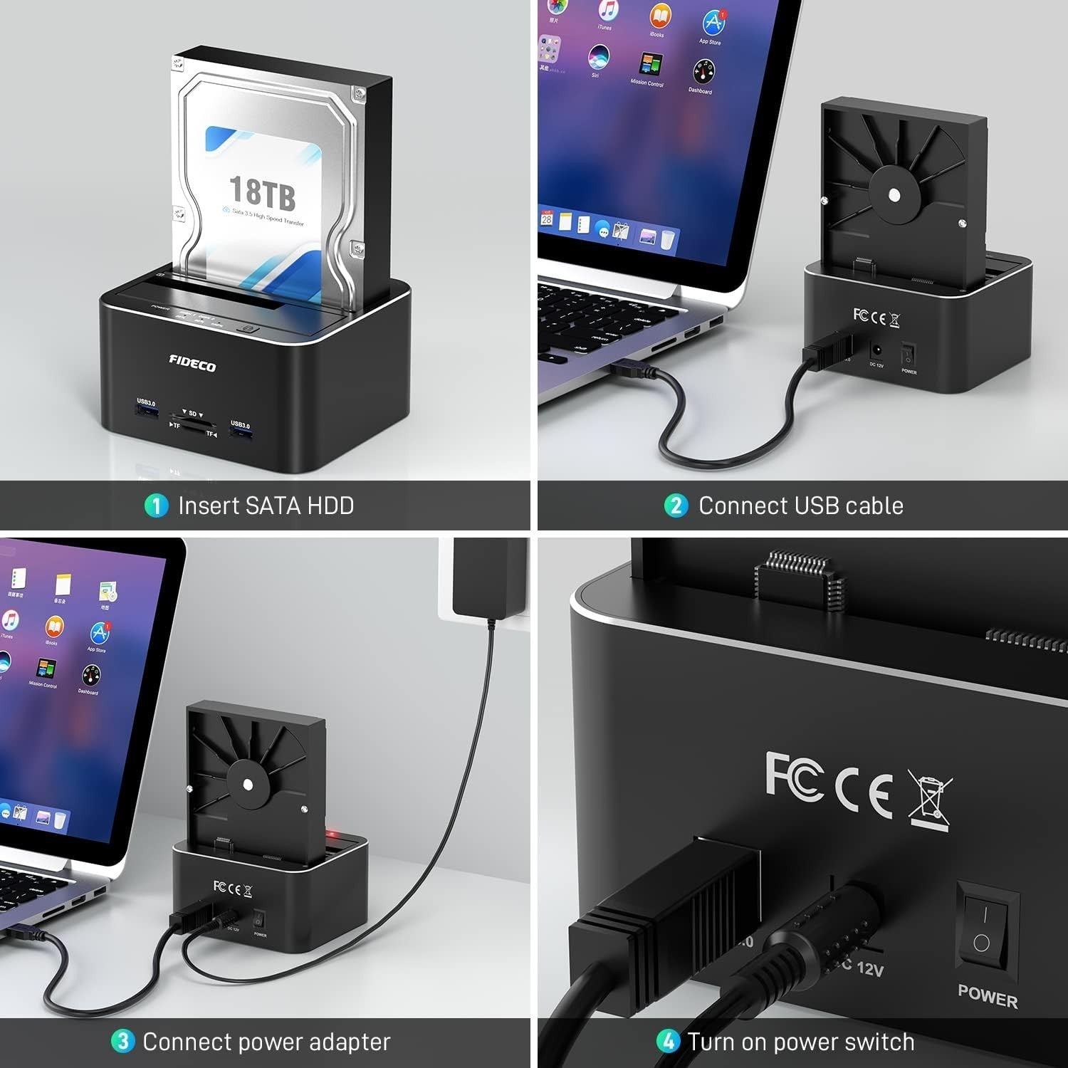 FIDECO USB 3.0 to SATA Hard Drive Docking Station Dual-Bay External HDD Dock
