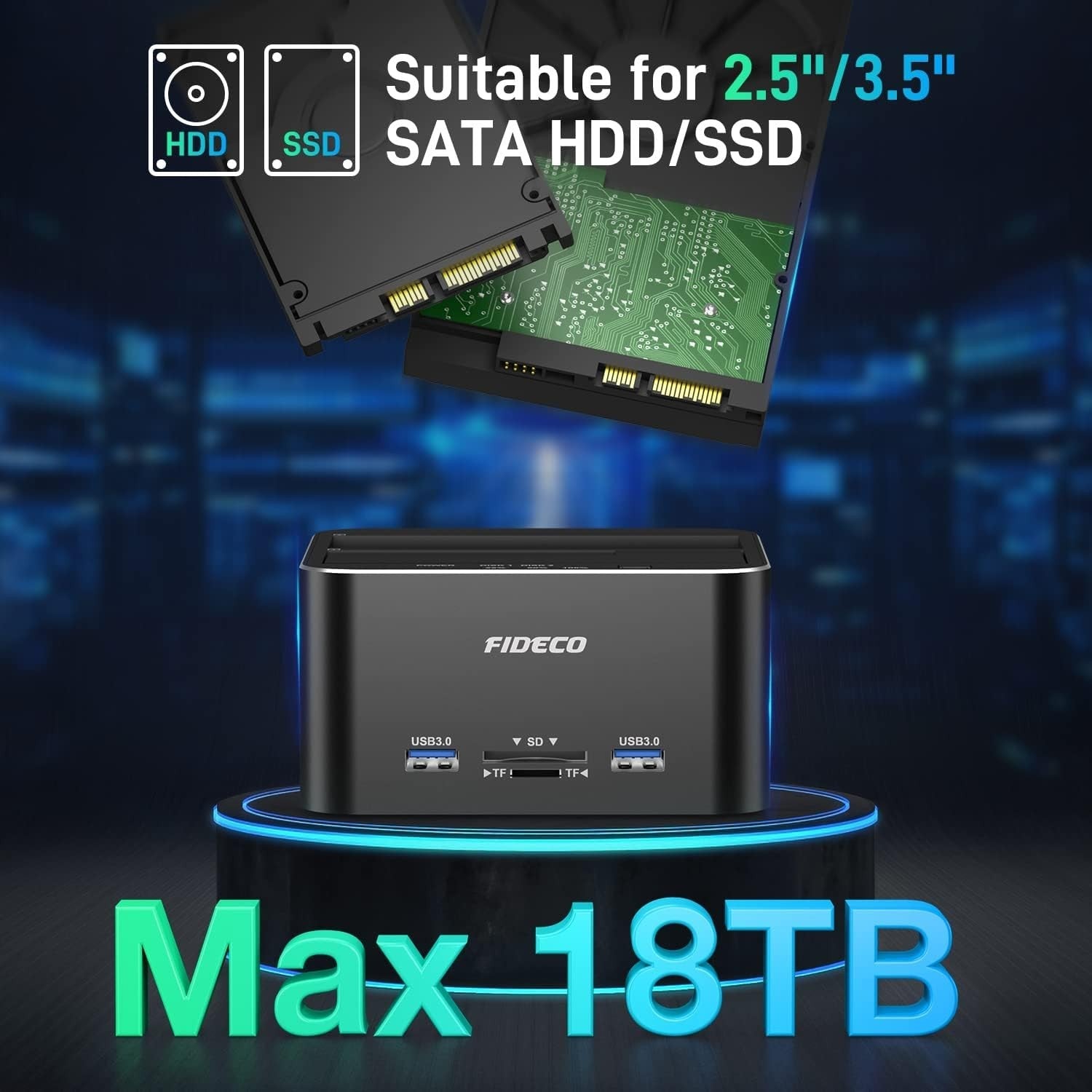 FIDECO USB 3.0 to SATA Hard Drive Docking Station Dual-Bay External HDD Dock