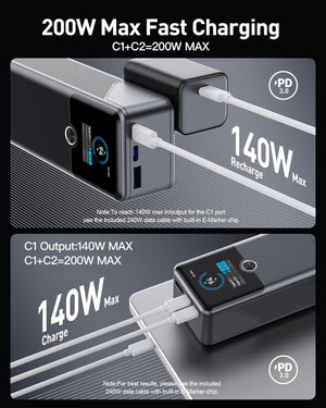 Laptop Power Bank, 3-Port 20,000mAh Portable Charger with 200W Max Output, PD 3.1 Fast Charging, Flight-Approved for Travel, PowerTower, for MacBook, iPhone 17/16 Series (Grey)
